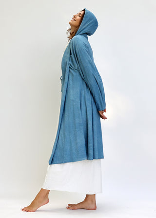 Hooded Kimono Tie Belt Below Knee Jacket
