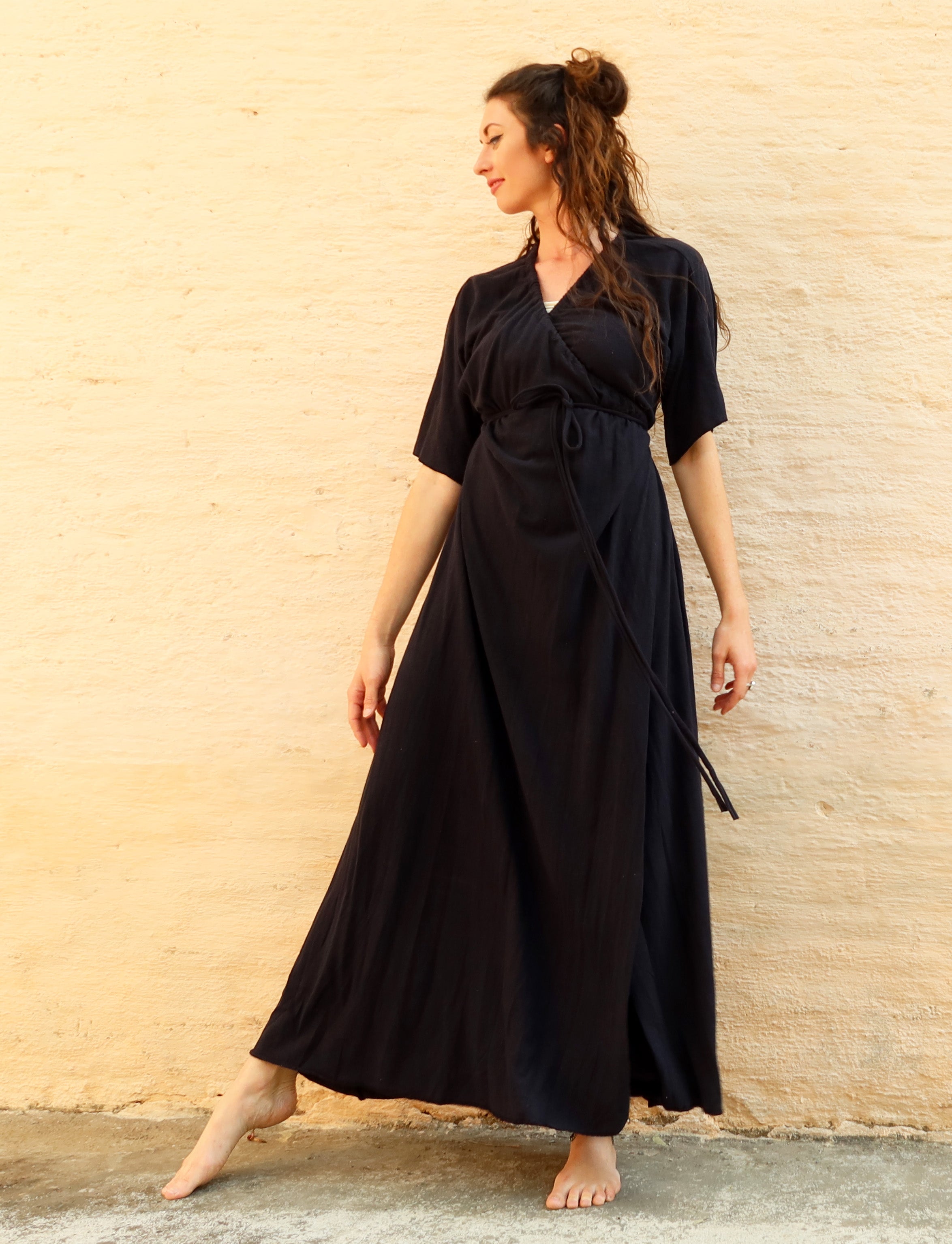 Drawstring Wrap Kimono Long Dress