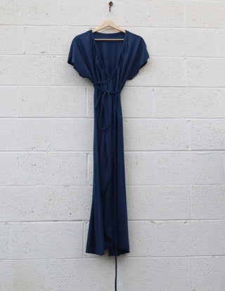 Sale - Drawstring Wrap Kimono Long Dress / M / Light Hemp  / Sapphire (63)