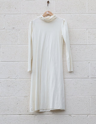 Sale - Turtleneck Puff Sleeve Simplicity Below Knee Dress / S / Light Hemp / Natural (91)