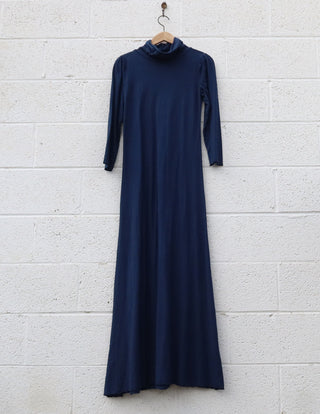Sale - Turtleneck Puff Sleeve Simplicity Long Dress / S / Light Hemp / Sapphire (92)