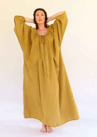 SAMPLE SALE - Drawstring Collar Bumble Bee Long Dress / One Size / Spinach / Double Gauze / (84)