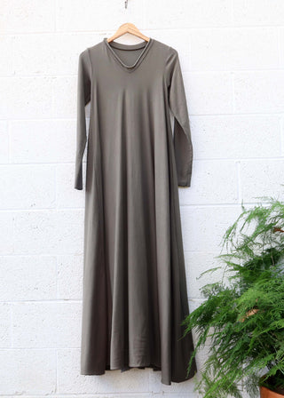SALE - V-Neck Wanderer Long Dress / 2XS / Olive / Stretch Organic Cotton (23)