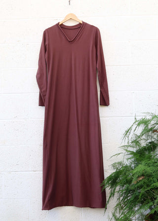 SALE - V-Neck Pencil Long Dress / Large / Cacao / Stretch Organic Cotton (49)