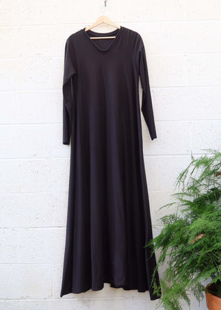 SALE - V- Neck Wanderer Long Dress / Large / Midnight / Stretch Organic Cotton (72)