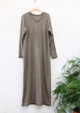 SALE - V-Neck Pencil Long Dress / 3XL / Olive / Stretch Organic Cotton (95)