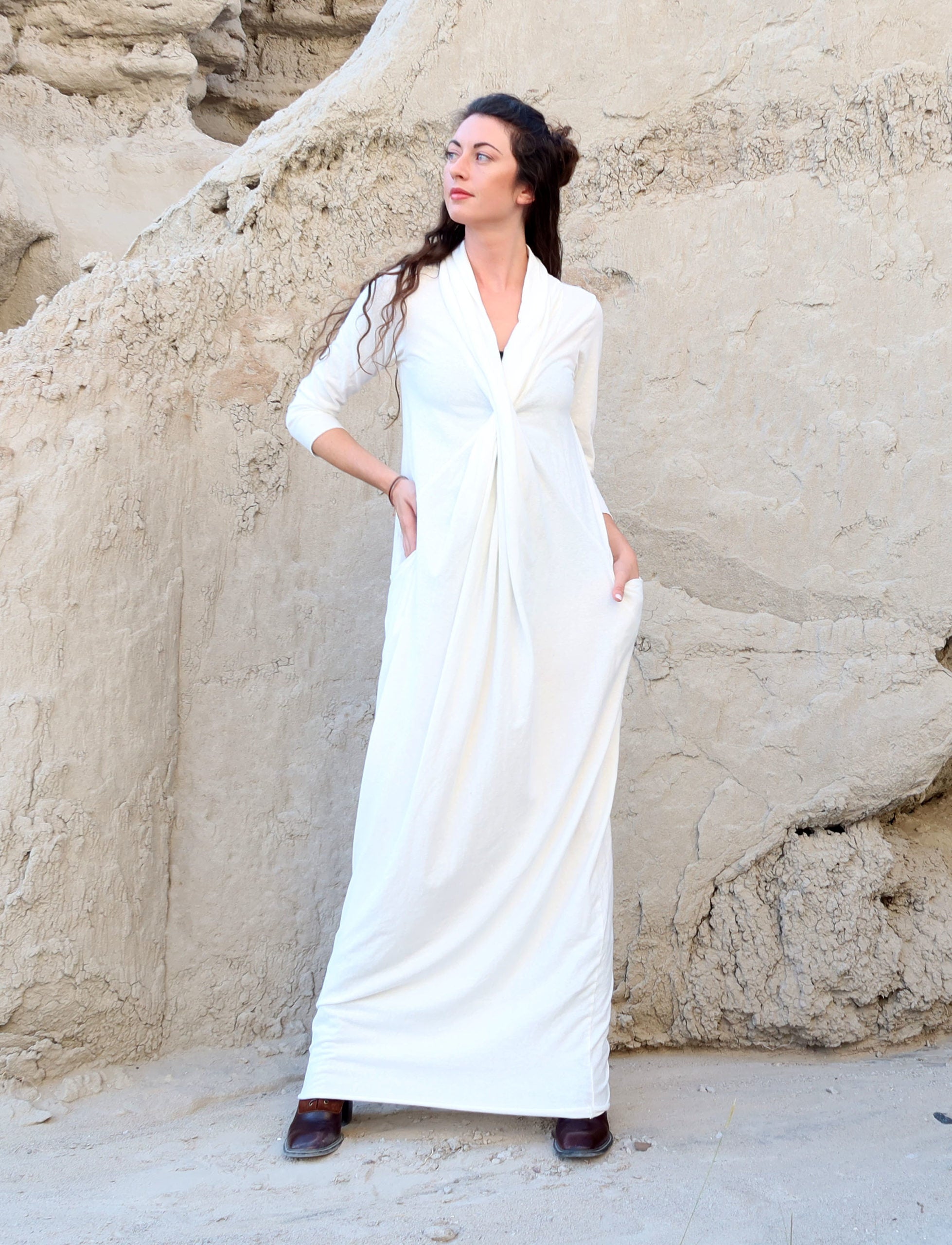 white long dress with neck scarf Shawl Collar Origami Long Dress – Gaia Conceptions
