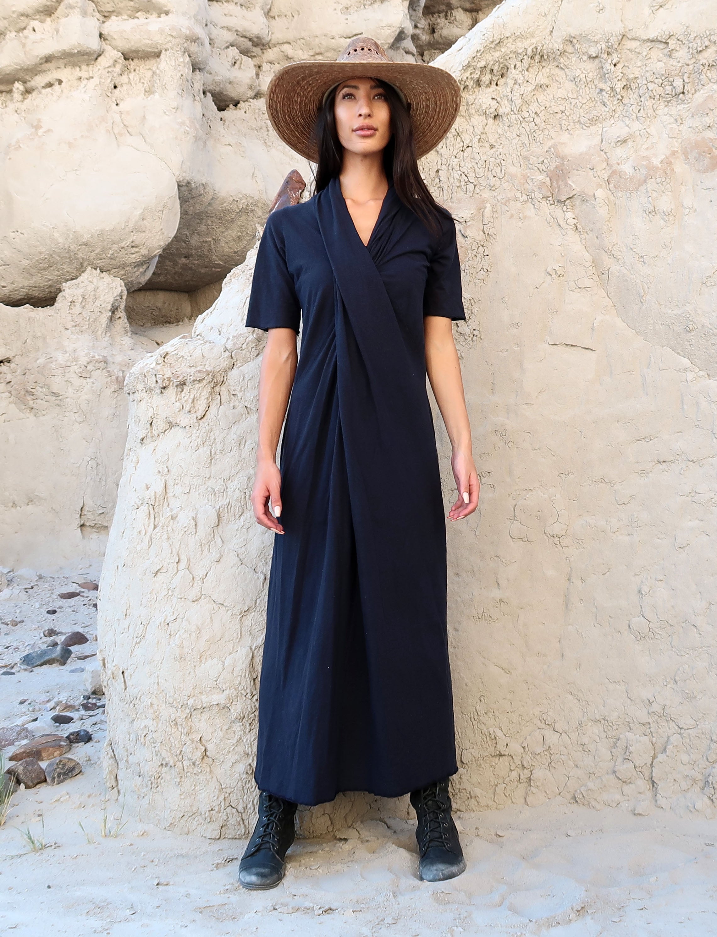 Shawl Collar Navy Blue Dress With Collar Shawl Collar Pencil Long